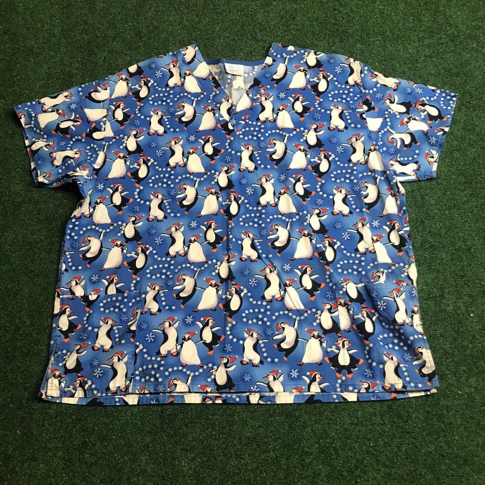 Fundamentally Cotton Blue Holiday Penguins Short Sleeve V-neck Scrub Top Size XL